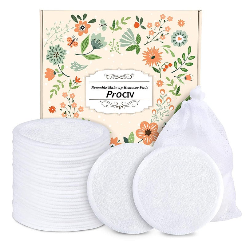 ProCIV Reusable Makeup Remover Pads, 18 Packs Washable Organic Bamboo Reusable Cotton Rounds for All Skin Types & Toner with Laundry Bag, Eco Friendly Zero Waste Reusable Cotton Pads for Woman (White) - Image 1
